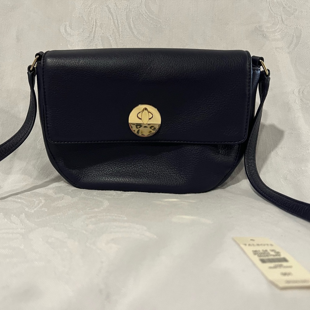 Talbots navy blue leather shoulder bag. Inside zipper pocket, gold hardware